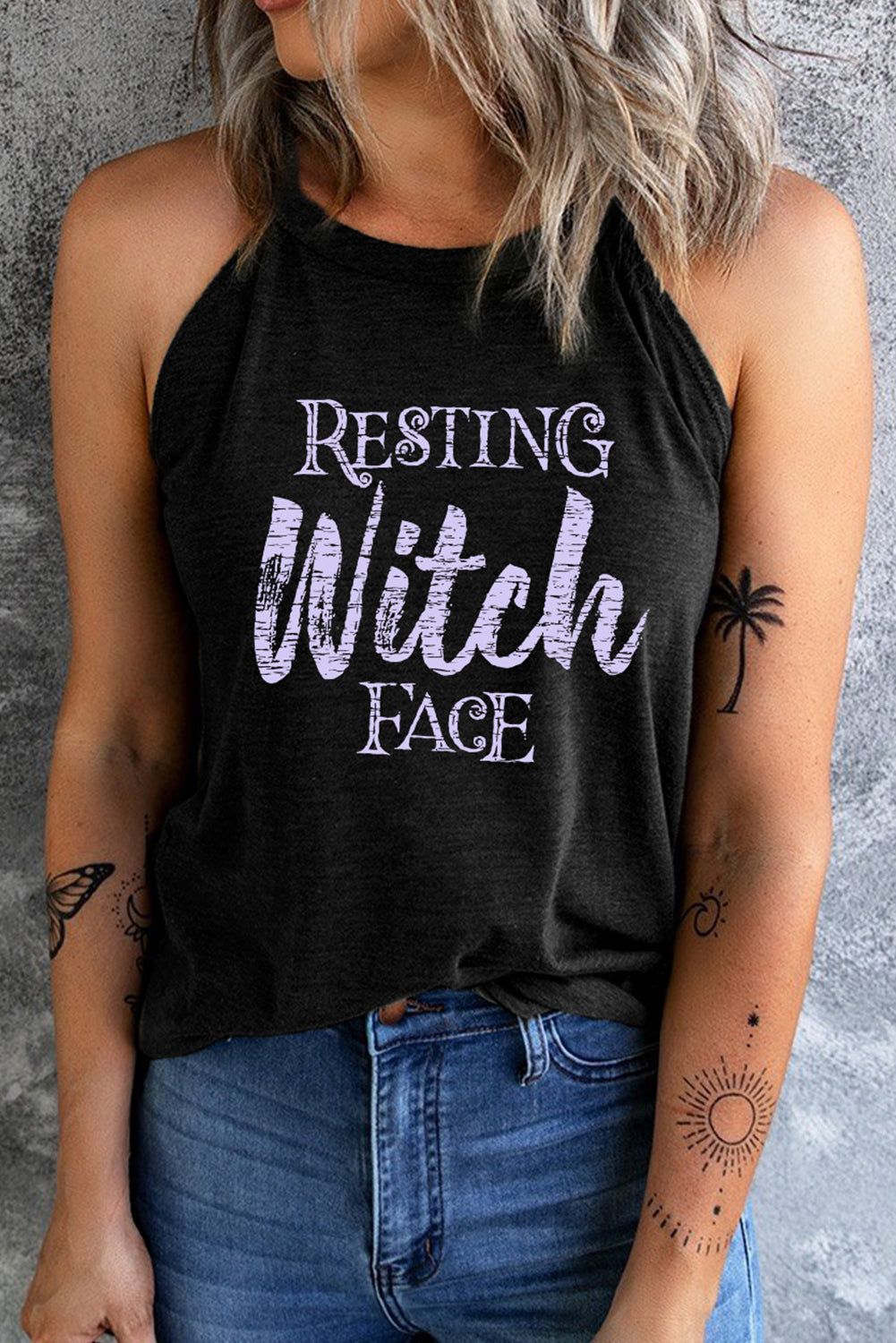 Round Neck RESTING WITCH FACE Graphic Tank Top BLUE ZONE PLANET