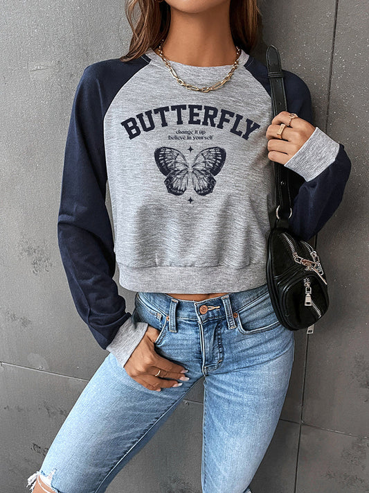 Round Neck Raglan Sleeve Butterfly Graphic Sweatshirt-TOPS / DRESSES-[Adult]-[Female]-Cloudy Blue-XS-2022 Online Blue Zone Planet