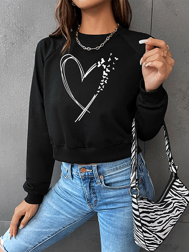 Round Neck Raglan Sleeve Heart Graphic Sweatshirt-TOPS / DRESSES-[Adult]-[Female]-Black-XS-2022 Online Blue Zone Planet