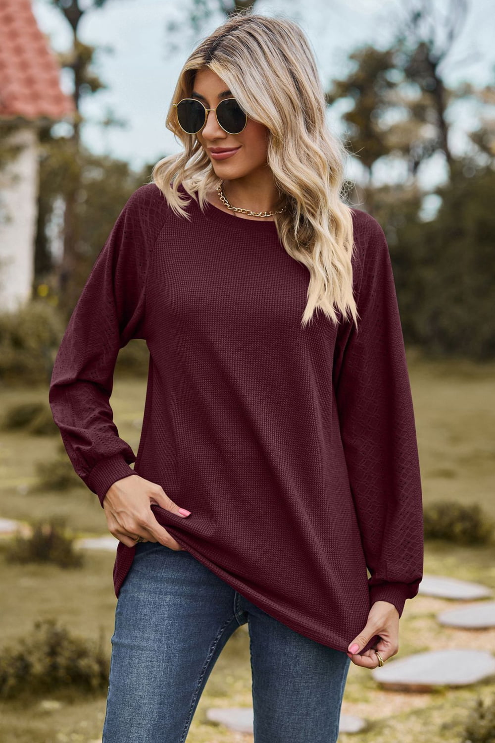 Round Neck Raglan Sleeve Sweatshirt BLUE ZONE PLANET