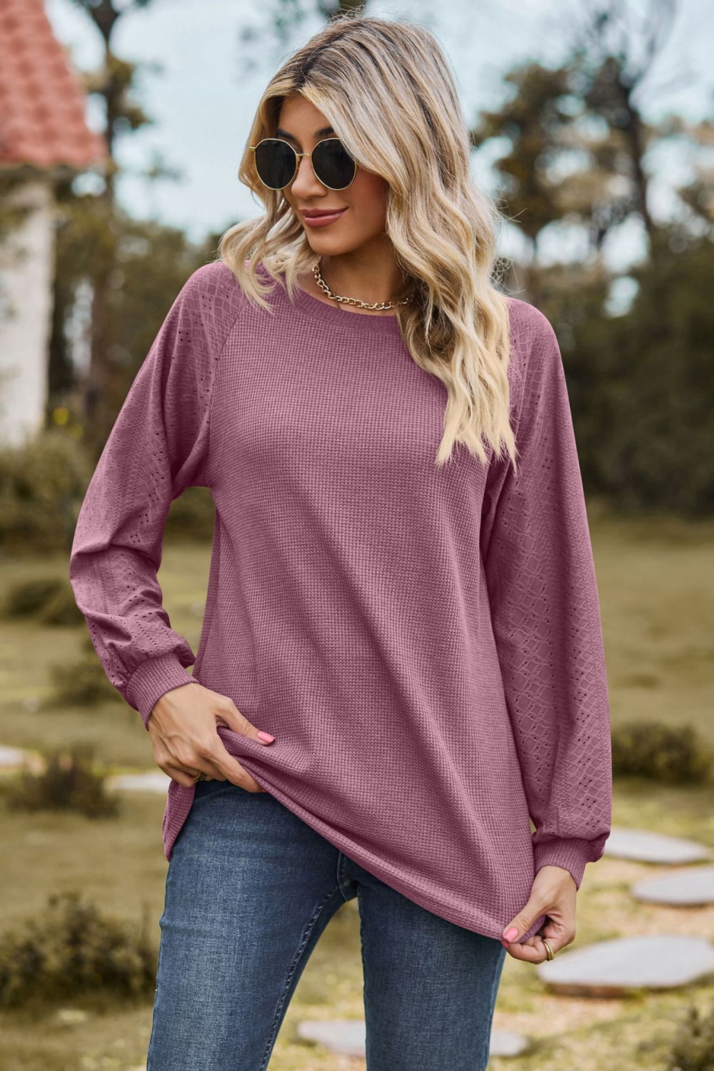 Round Neck Raglan Sleeve Sweatshirt BLUE ZONE PLANET