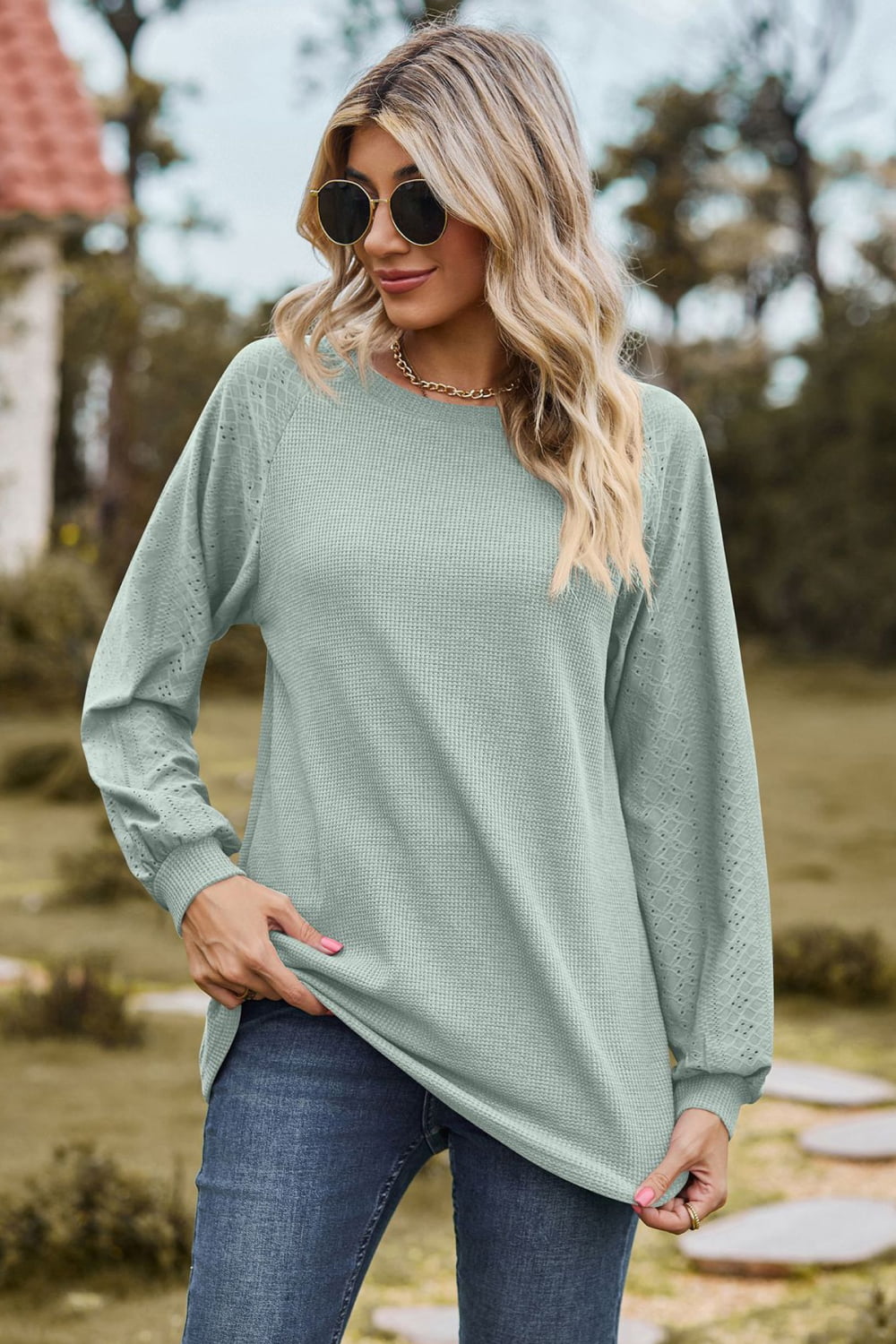 Round Neck Raglan Sleeve Sweatshirt BLUE ZONE PLANET