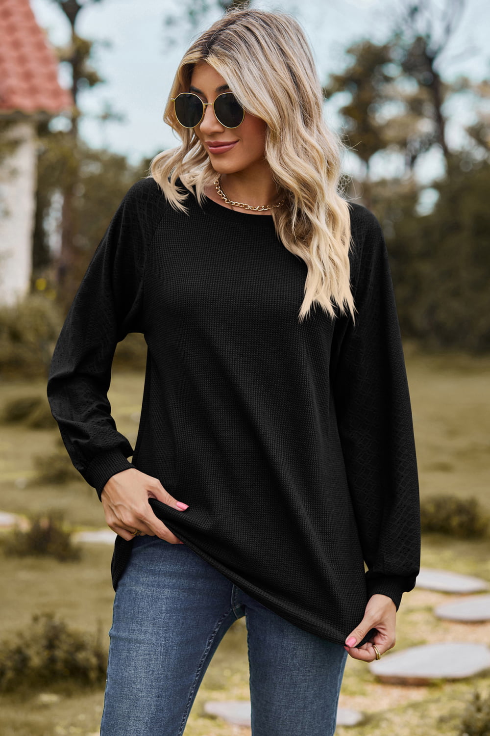 Round Neck Raglan Sleeve Sweatshirt - Blue Zone Planet