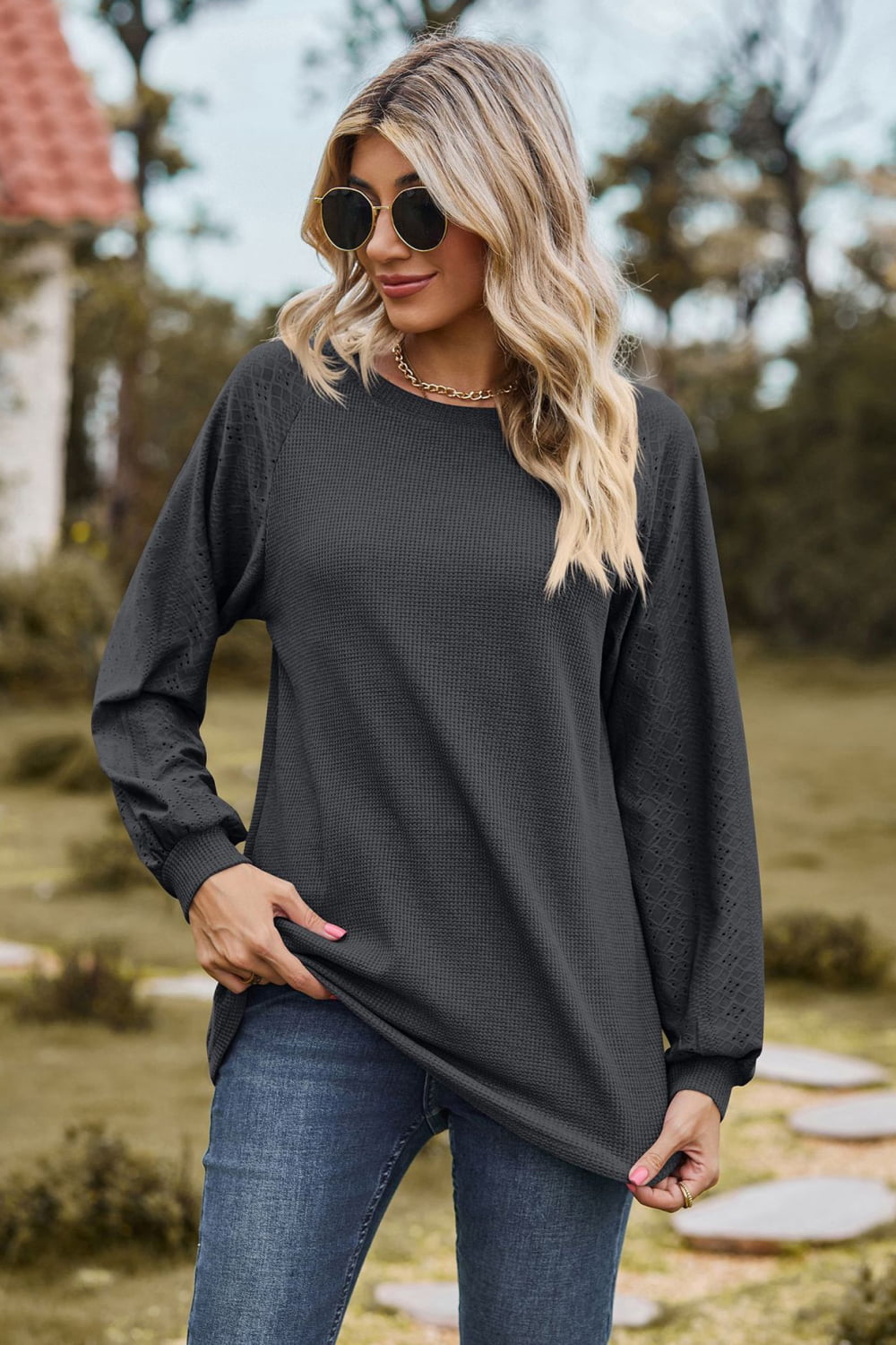 Round Neck Raglan Sleeve Sweatshirt BLUE ZONE PLANET