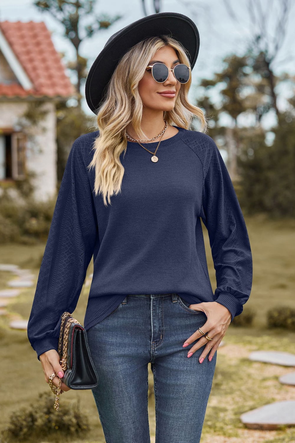 Round Neck Raglan Sleeve Sweatshirt BLUE ZONE PLANET