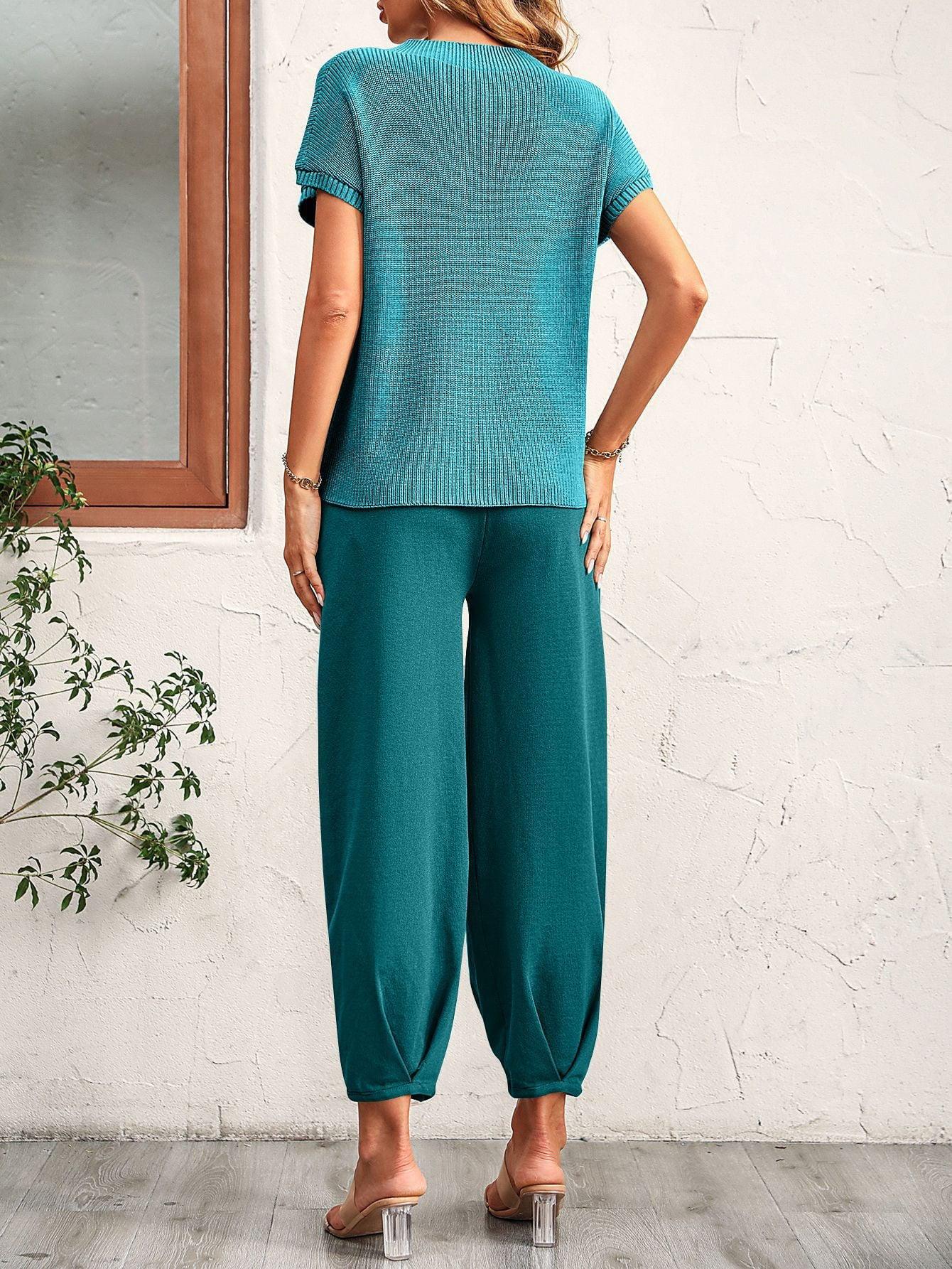 Round Neck Raglan Sleeve Tee and Long Pants Set BLUE ZONE PLANET