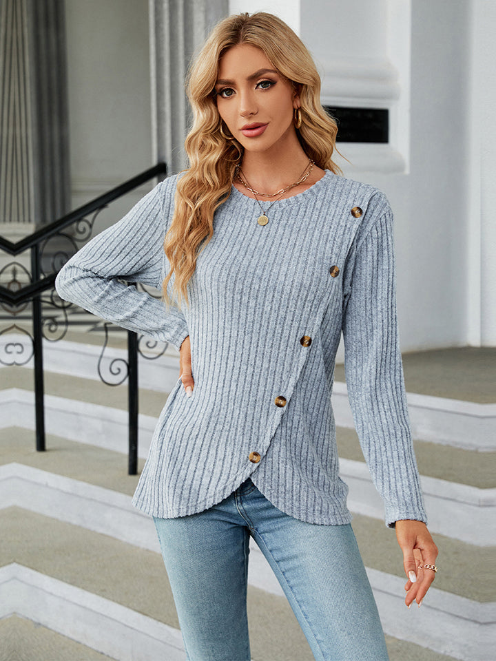 Round Neck Ribbed Button Detail Blouse BLUE ZONE PLANET