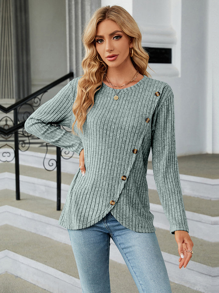 Round Neck Ribbed Button Detail Blouse BLUE ZONE PLANET