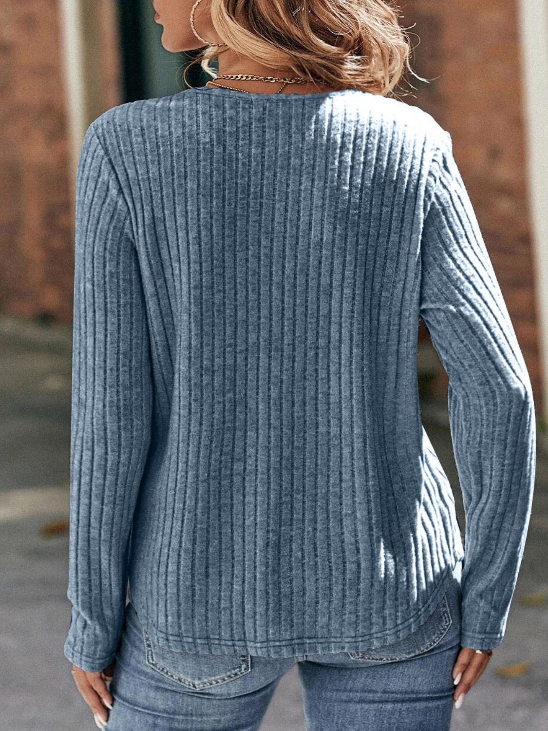 Round Neck Ribbed Long Sleeve T-Shirt BLUE ZONE PLANET