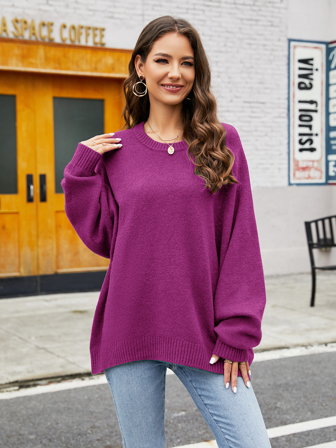 Round Neck Ribbed Trim Sweater BLUE ZONE PLANET