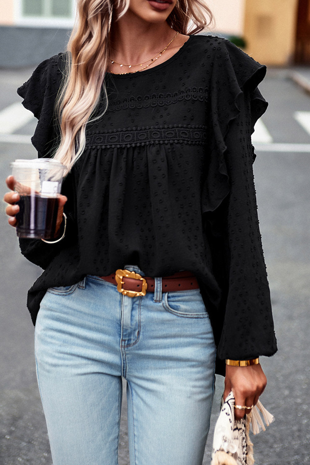 Round Neck Ruffled Blouse BLUE ZONE PLANET