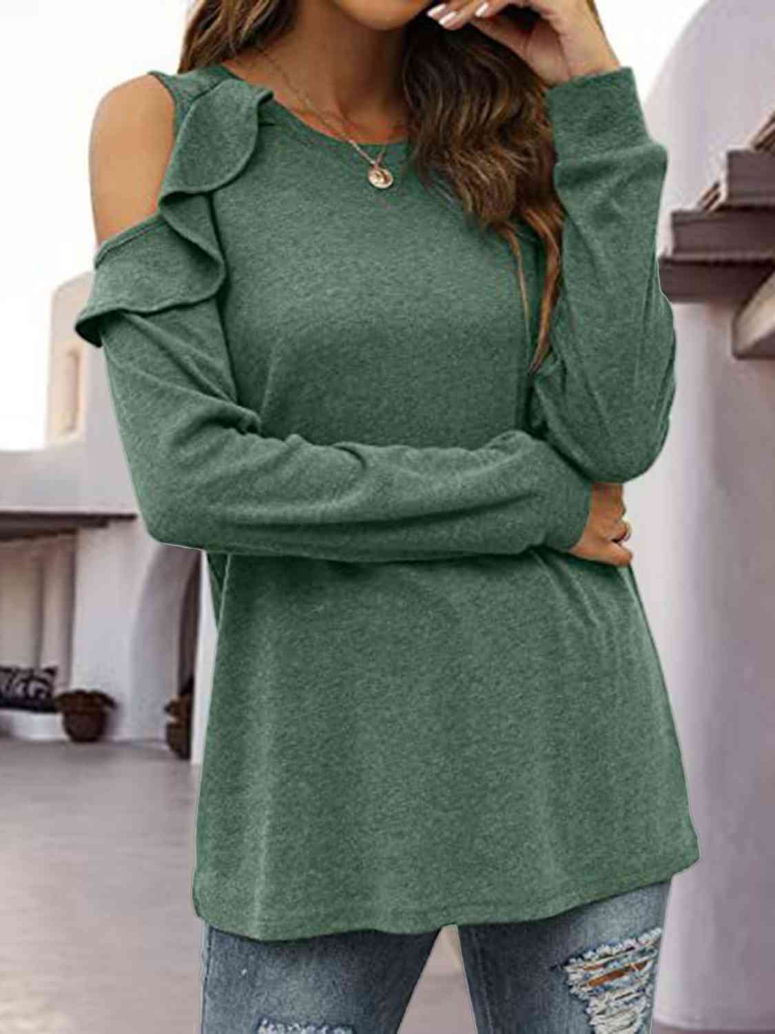 Round Neck Ruffled Cold-Shoulder Blouse BLUE ZONE PLANET