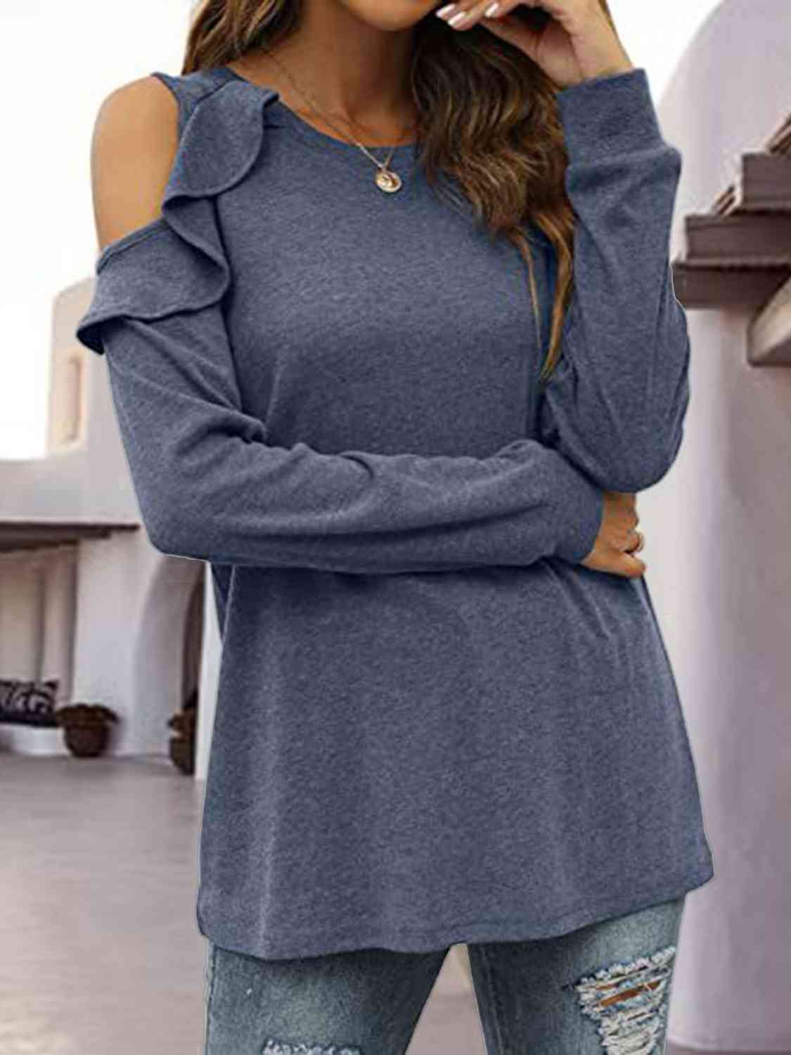 Round Neck Ruffled Cold-Shoulder Blouse BLUE ZONE PLANET