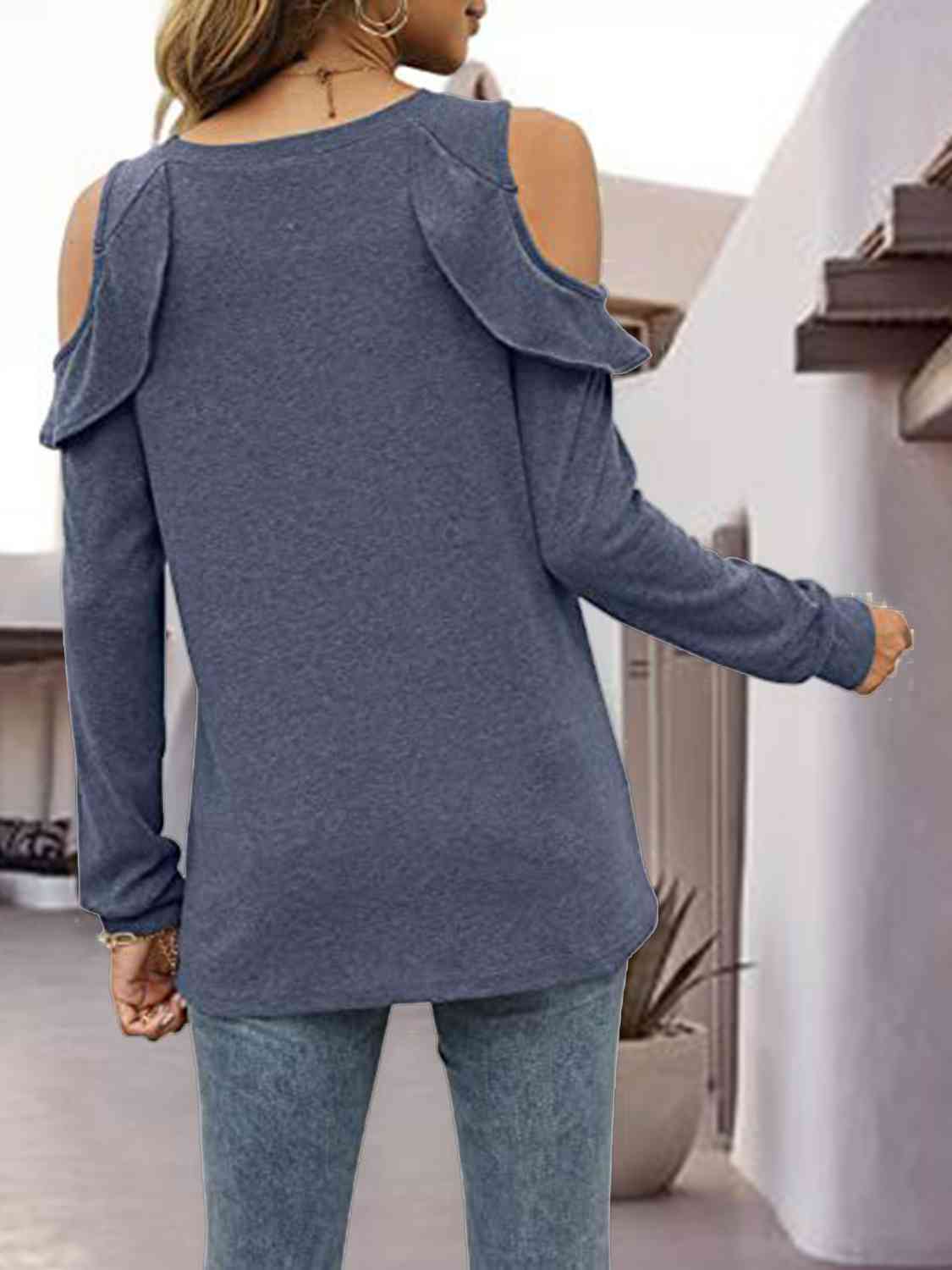 Round Neck Ruffled Cold-Shoulder Blouse BLUE ZONE PLANET