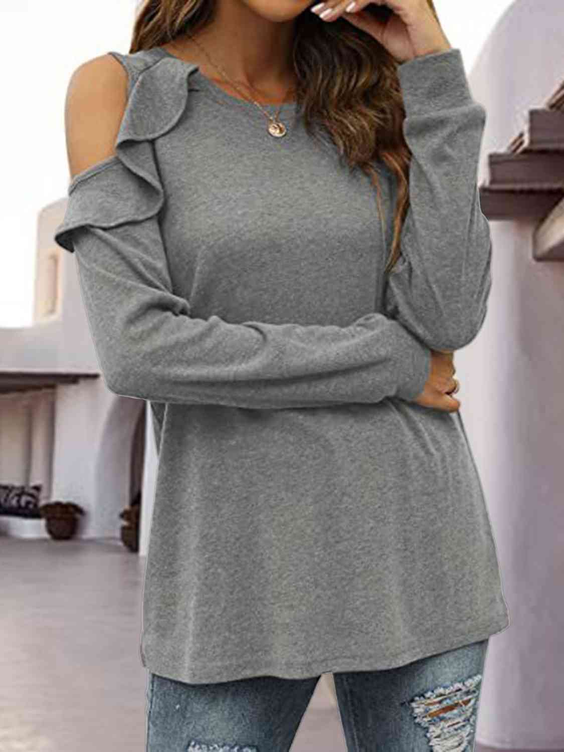 Round Neck Ruffled Cold-Shoulder Blouse BLUE ZONE PLANET