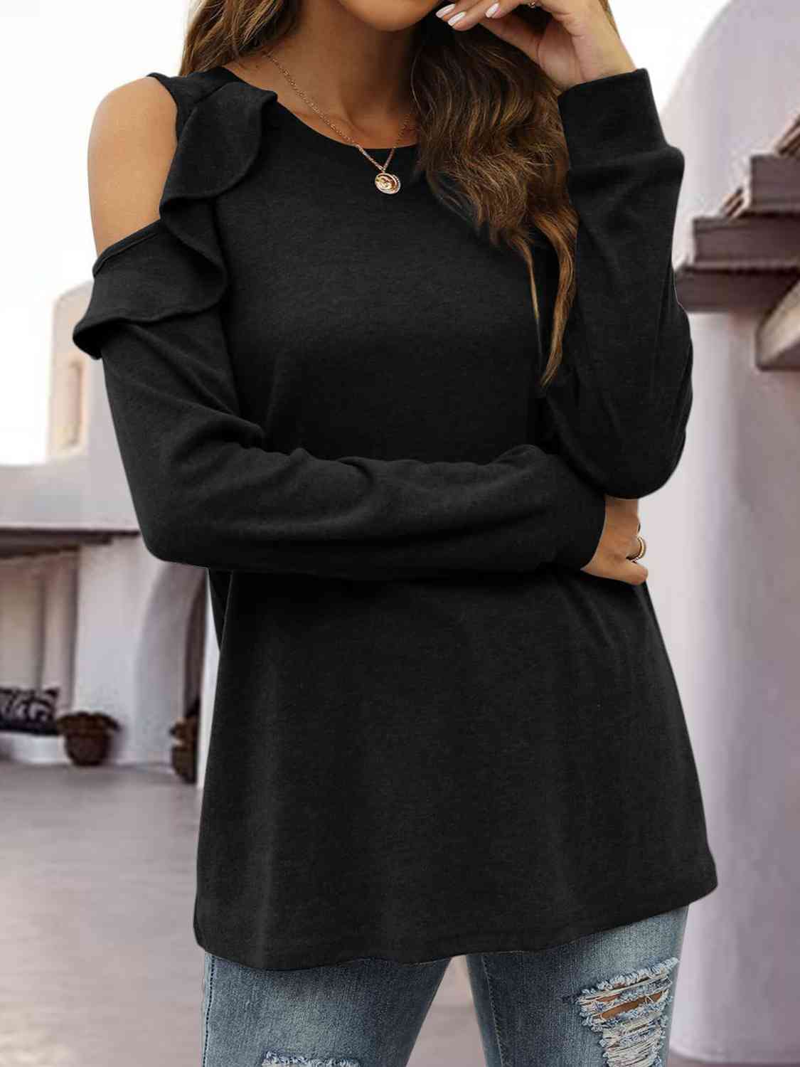 Round Neck Ruffled Cold-Shoulder Blouse BLUE ZONE PLANET