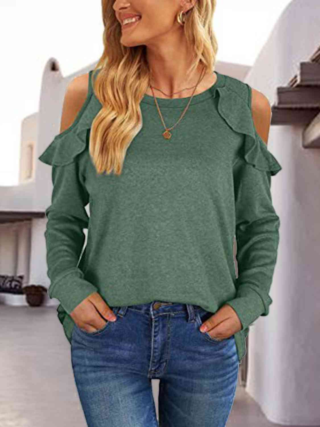 Round Neck Ruffled Cold-Shoulder Blouse BLUE ZONE PLANET