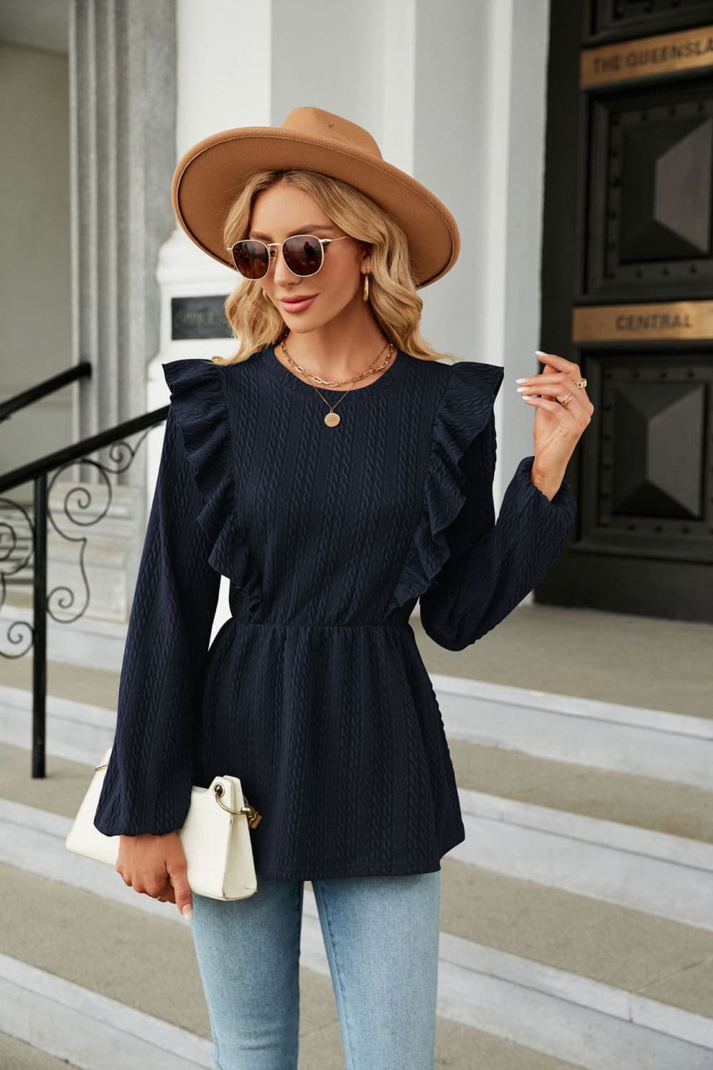 Round Neck Ruffled Peplum Blouse BLUE ZONE PLANET