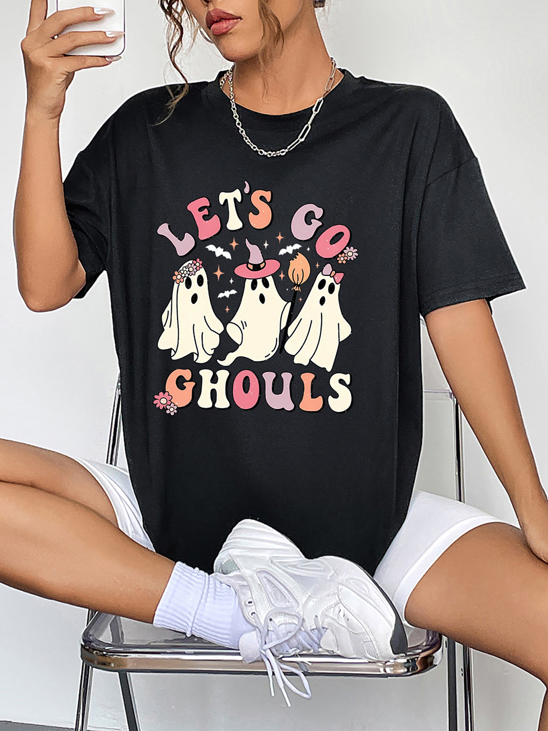 Round Neck Short Sleeve LET'S GO GHOULS Graphic T-Shirt BLUE ZONE PLANET