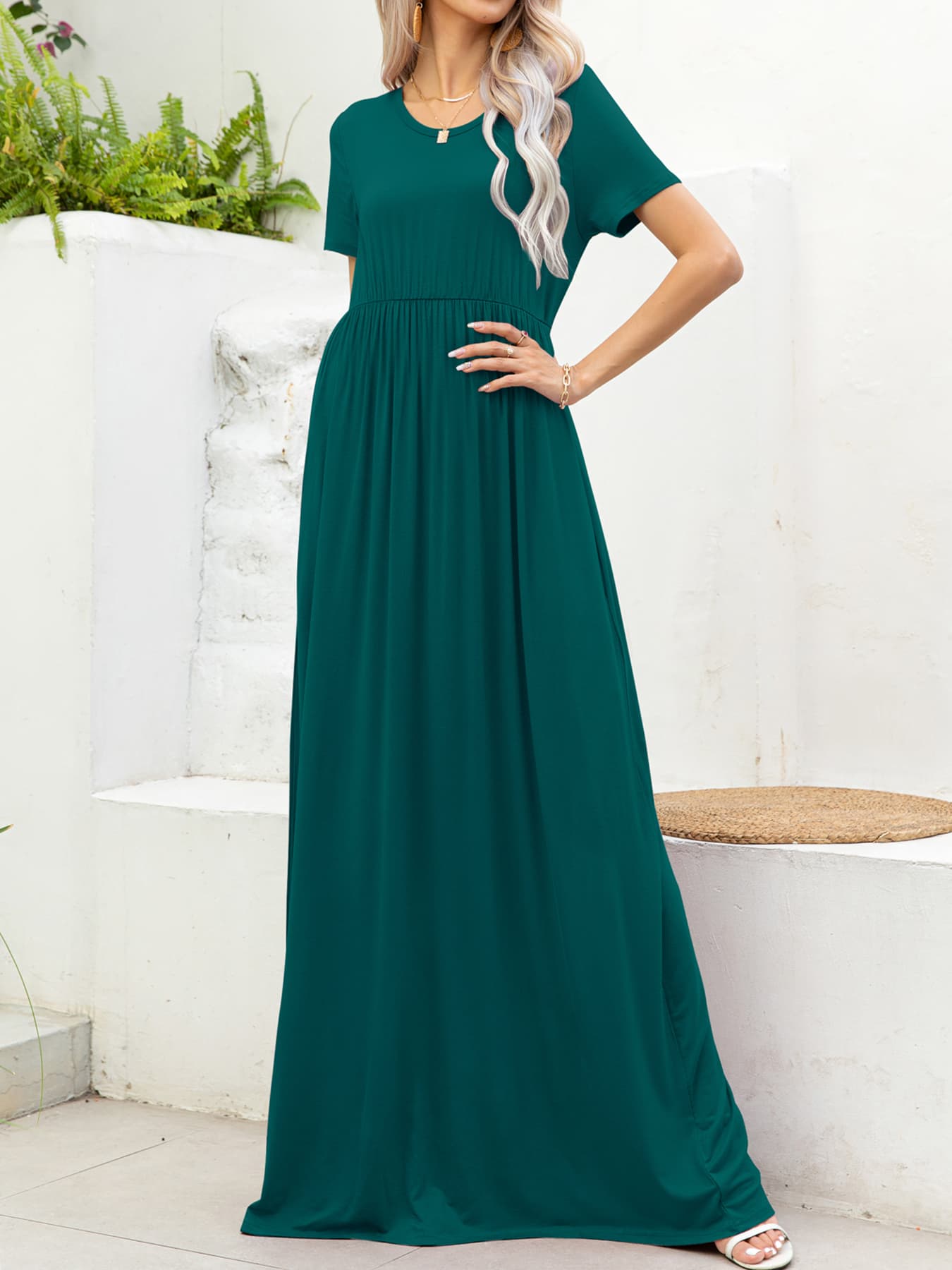 Round Neck Short Sleeve Maxi Dress with Pockets BLUE ZONE PLANET