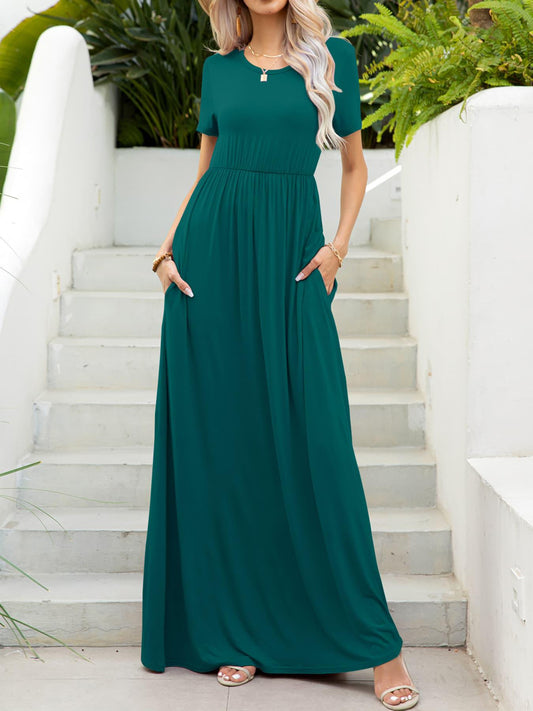 Round Neck Short Sleeve Maxi Dress with Pockets BLUE ZONE PLANET