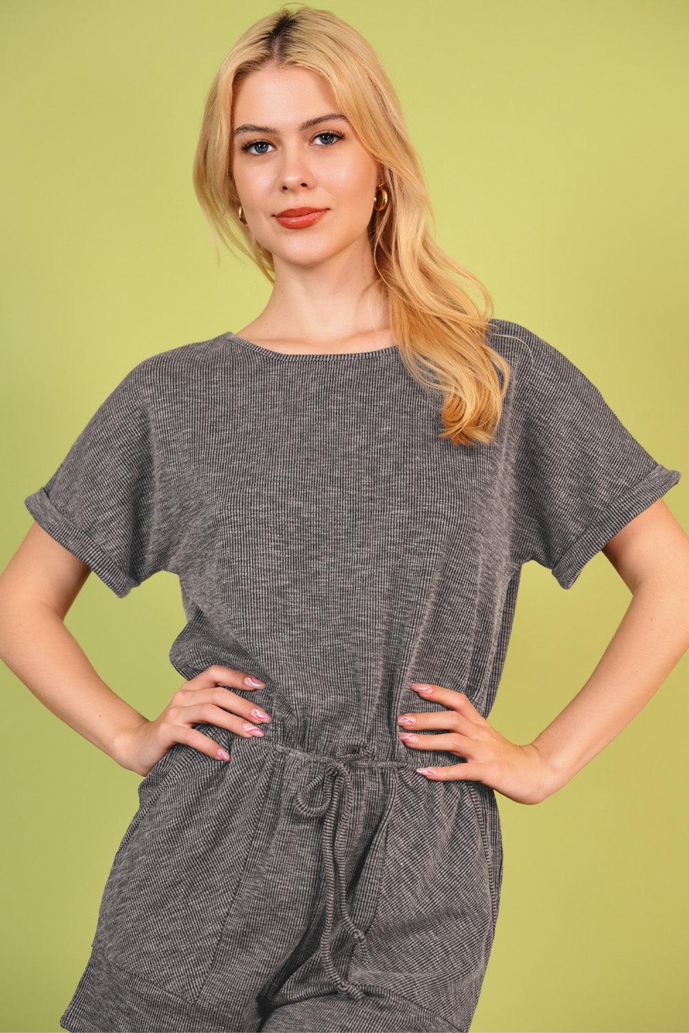 Round Neck Short Sleeve Romper with Pockets BLUE ZONE PLANET