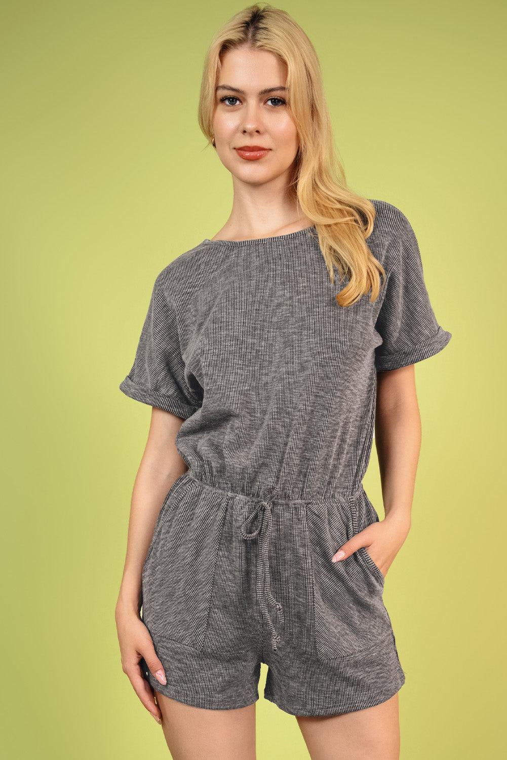 Round Neck Short Sleeve Romper with Pockets BLUE ZONE PLANET