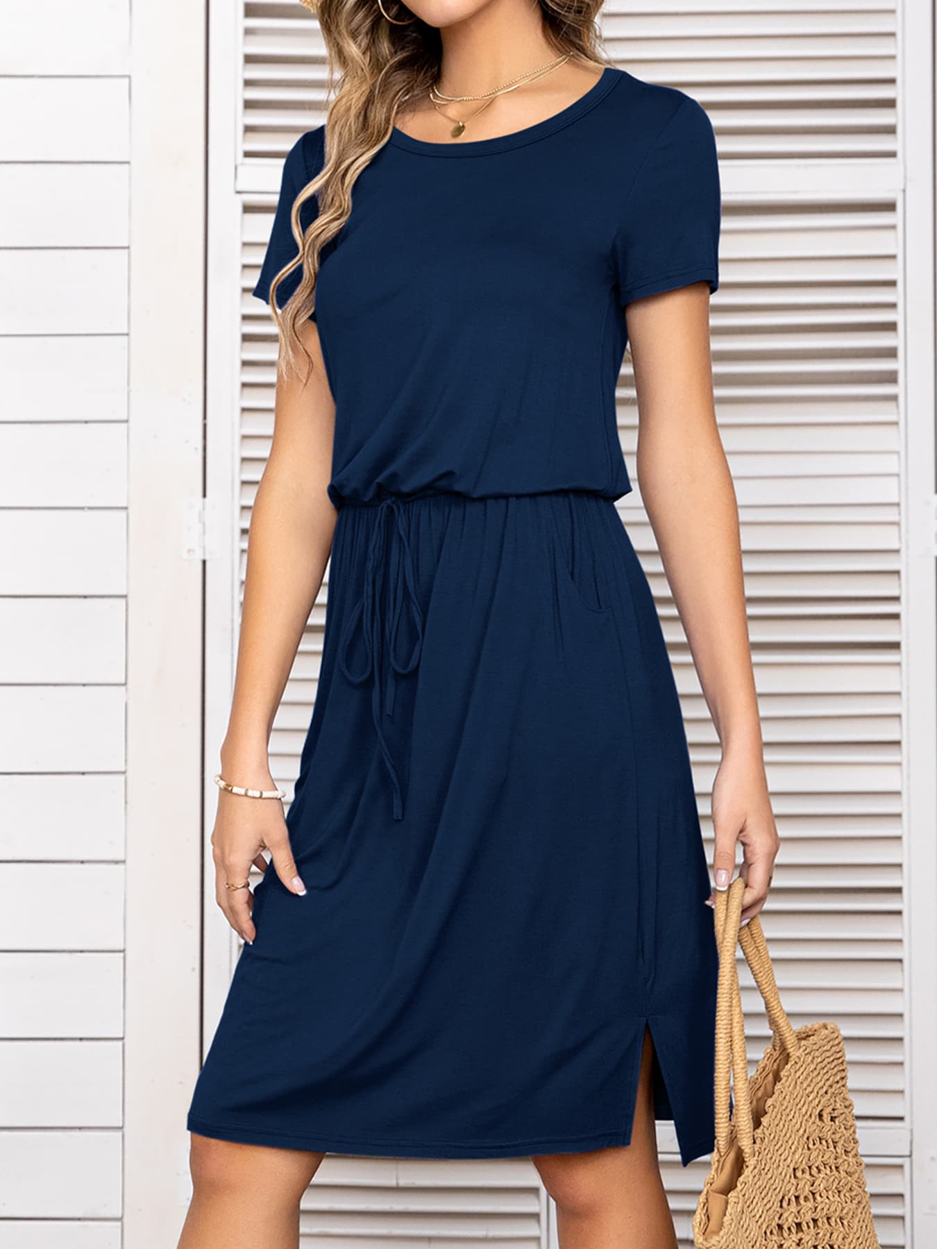 Round Neck Short Sleeve Slit Dress with Pockets BLUE ZONE PLANET