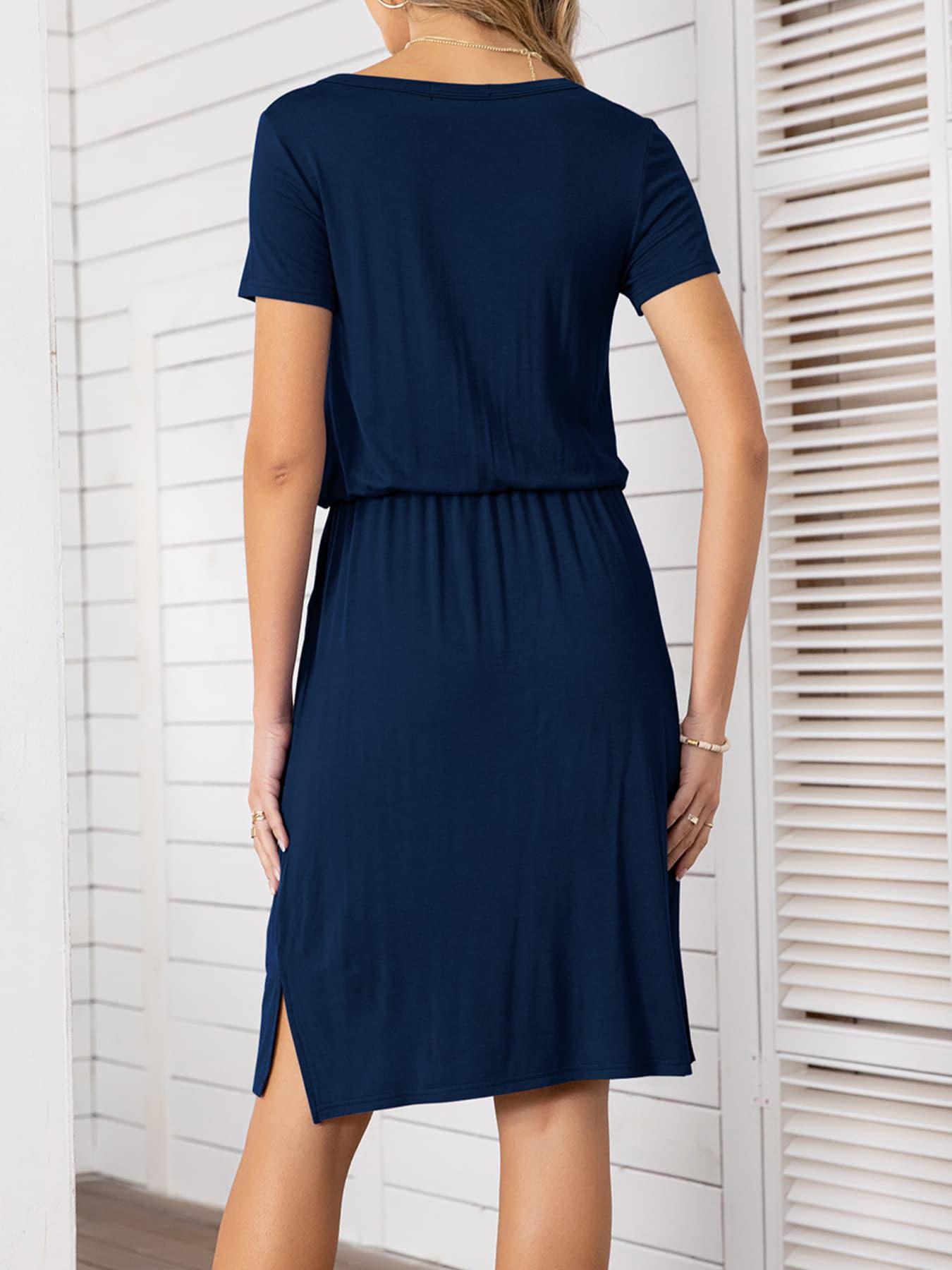 Round Neck Short Sleeve Slit Dress with Pockets BLUE ZONE PLANET