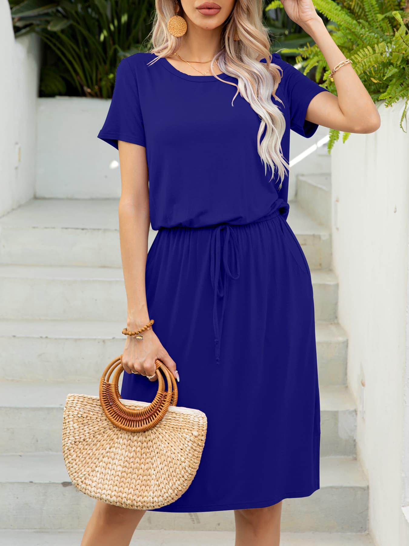 Round Neck Short Sleeve Slit Dress with Pockets BLUE ZONE PLANET