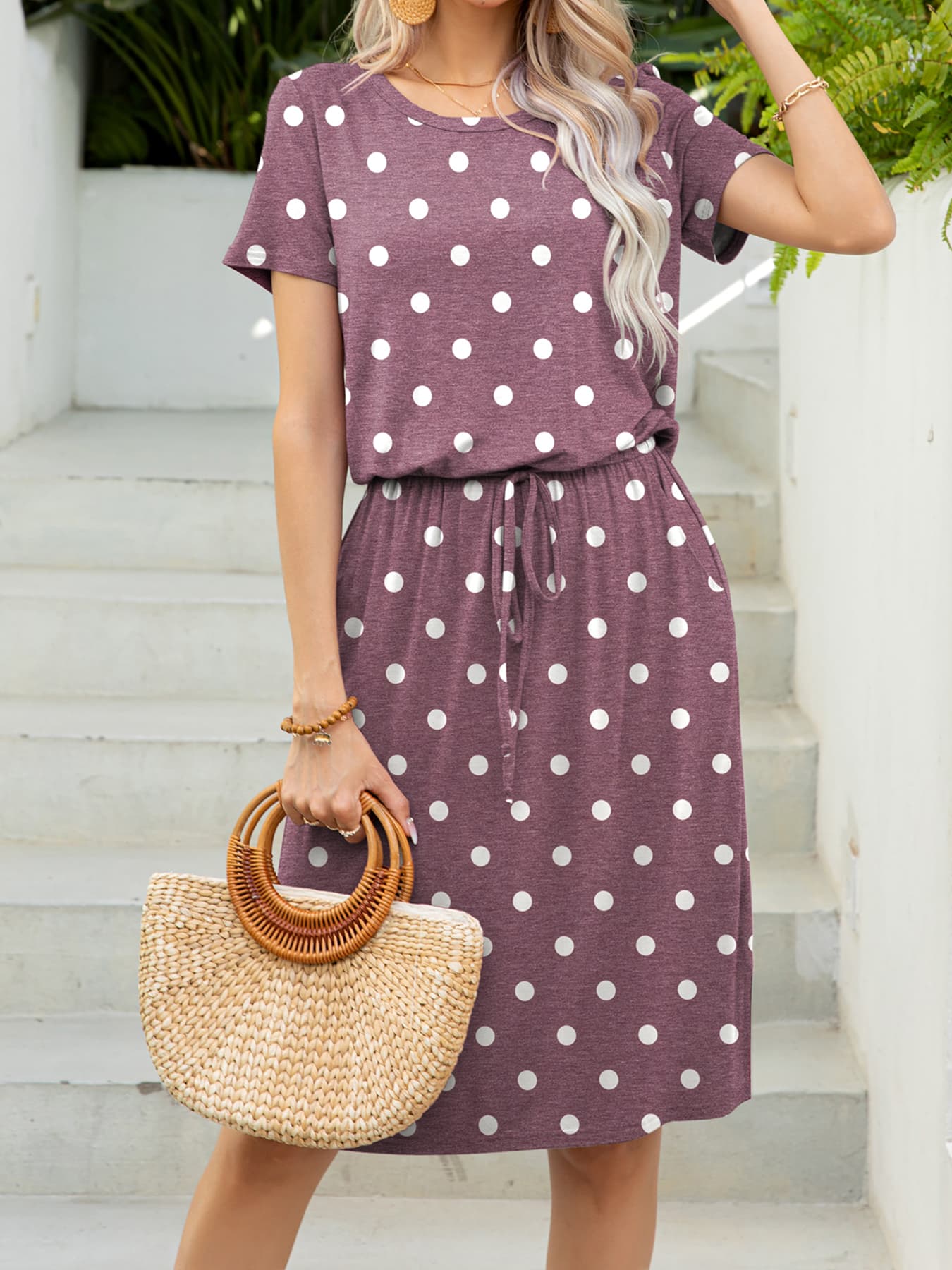 Round Neck Short Sleeve Slit Dress with Pockets BLUE ZONE PLANET