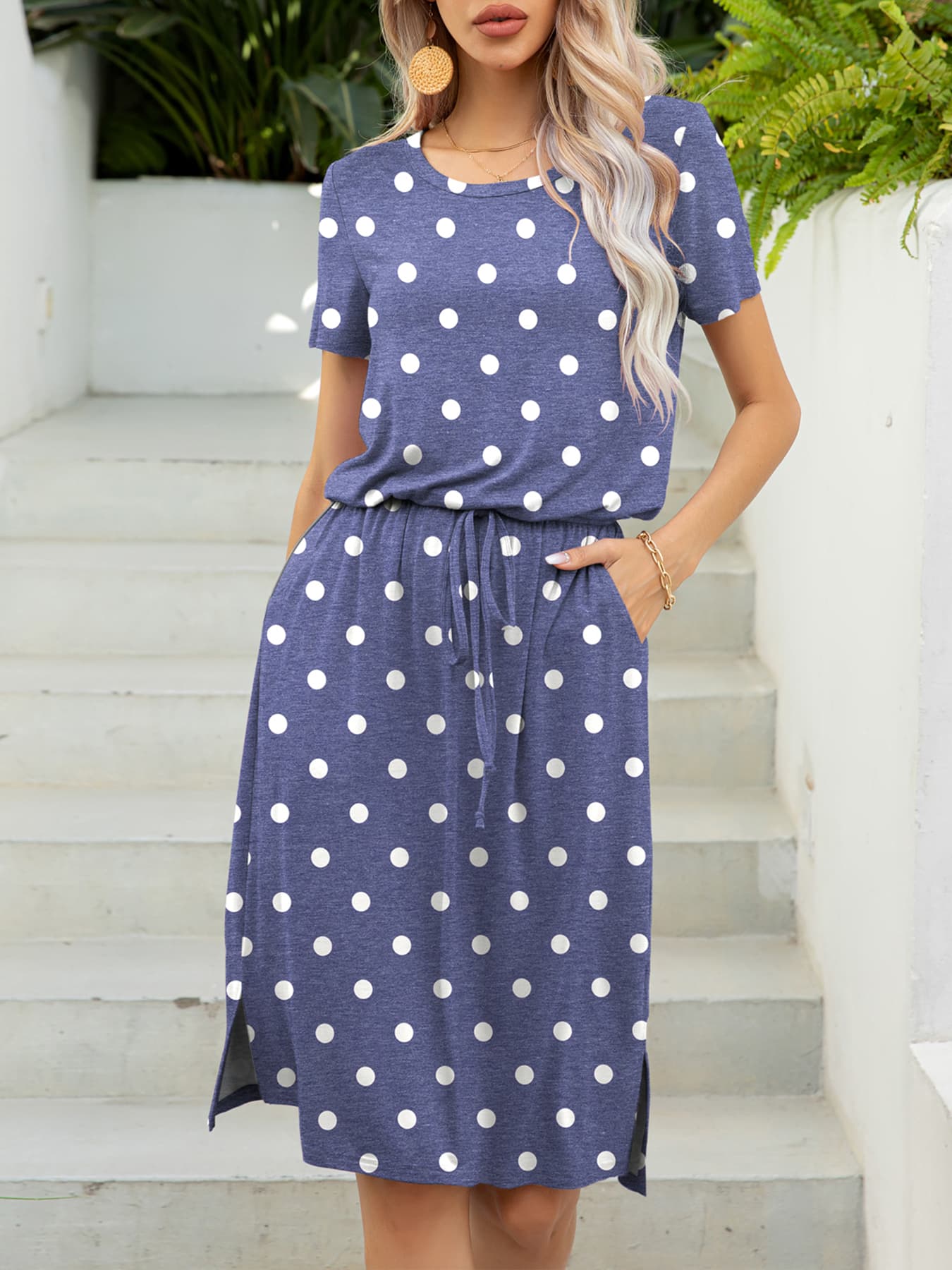 Round Neck Short Sleeve Slit Dress with Pockets BLUE ZONE PLANET