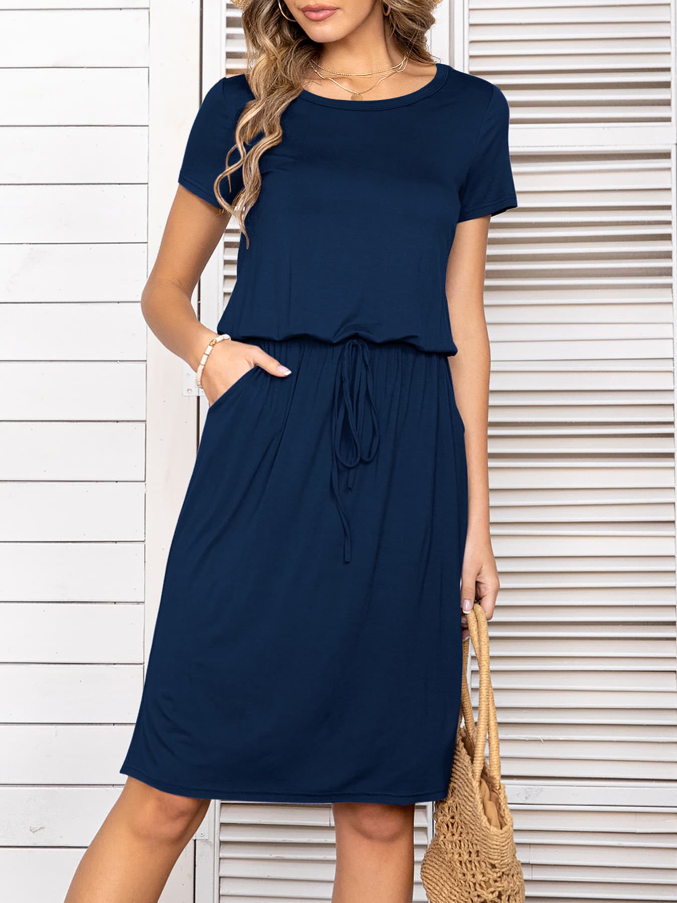 Round Neck Short Sleeve Slit Dress with Pockets BLUE ZONE PLANET