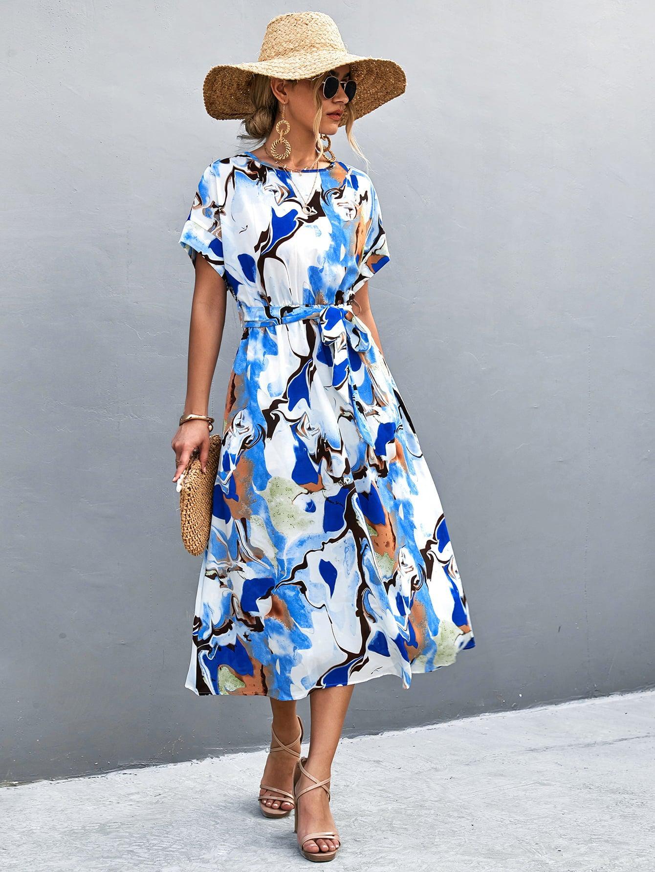 Round Neck Short Sleeve Tie Waist Midi Dress BLUE ZONE PLANET