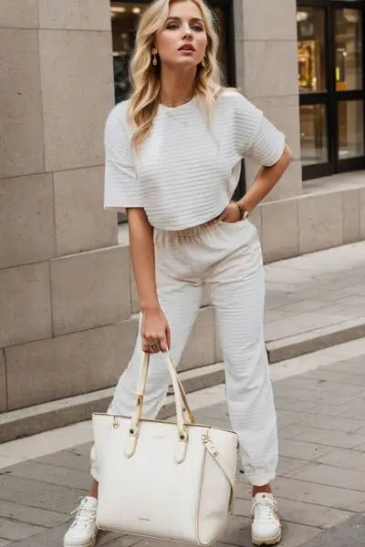 Round Neck Short Sleeve Top and Elastic Waist Pants Set Trendsi