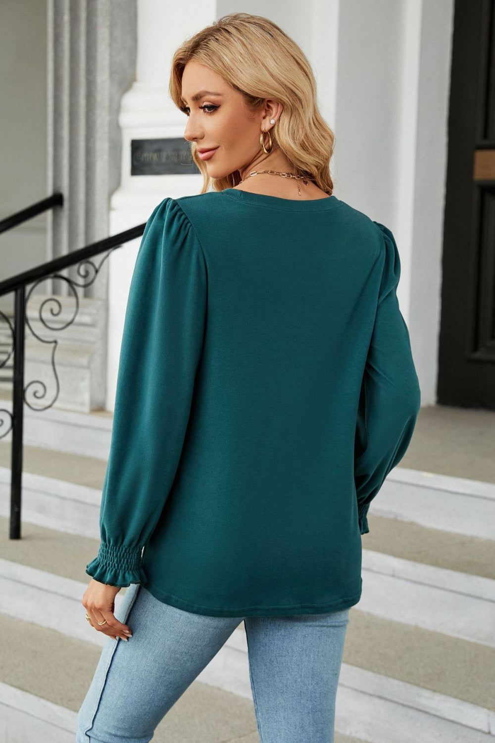 Round Neck Smocked Flounce Sleeve Blouse BLUE ZONE PLANET