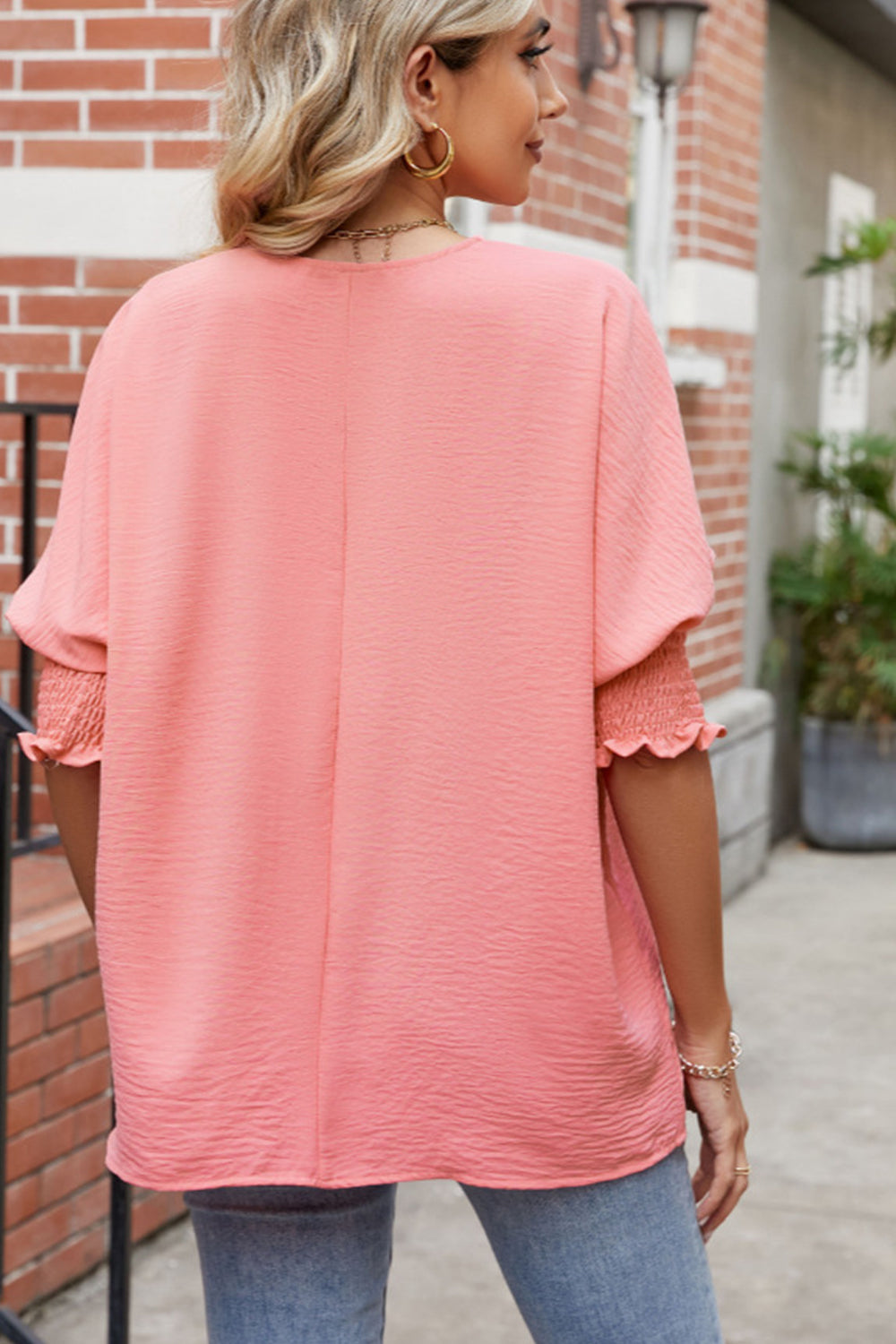 Round Neck Smocked Lantern Sleeve Blouse BLUE ZONE PLANET