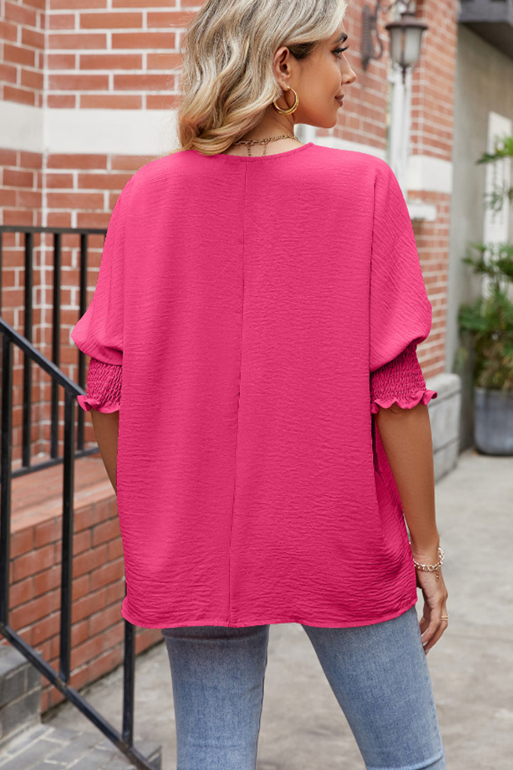 Round Neck Smocked Lantern Sleeve Blouse BLUE ZONE PLANET