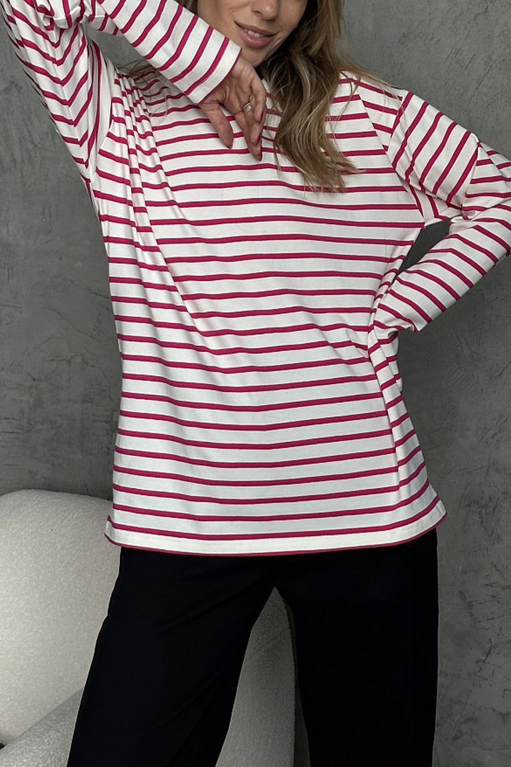 Round Neck Striped Dropped Shoulder T-Shirt BLUE ZONE PLANET