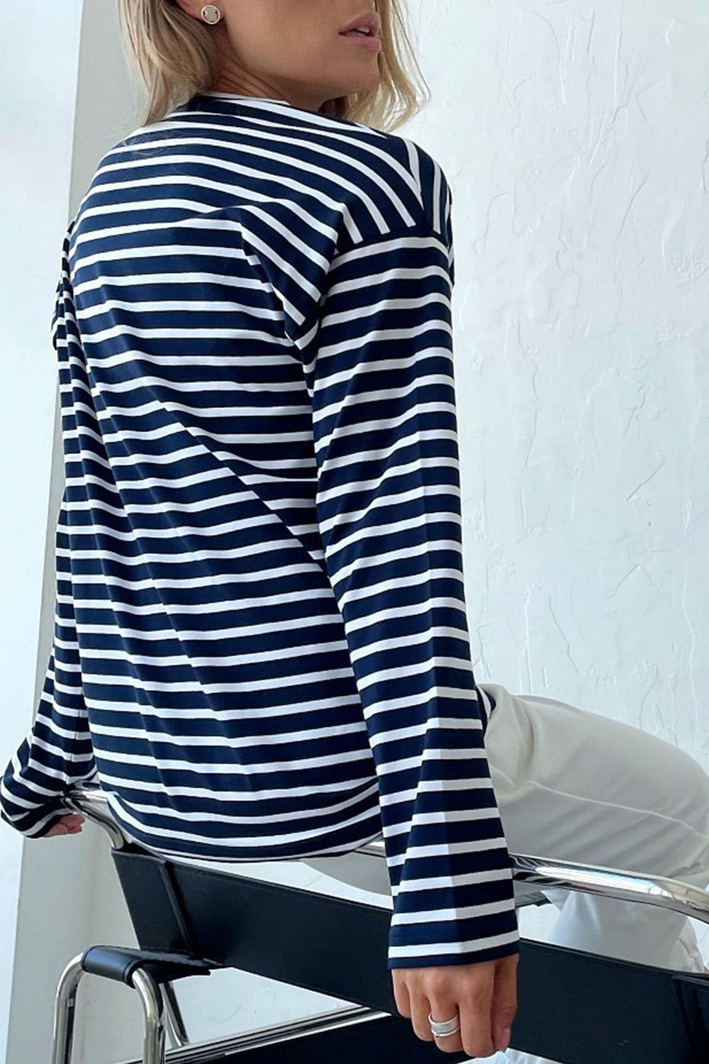 Round Neck Striped Dropped Shoulder T-Shirt BLUE ZONE PLANET