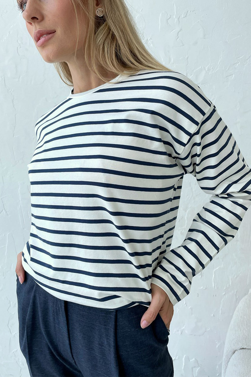 Round Neck Striped Dropped Shoulder T-Shirt BLUE ZONE PLANET