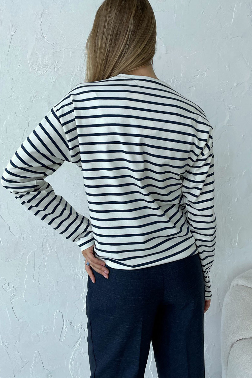 Round Neck Striped Dropped Shoulder T-Shirt BLUE ZONE PLANET