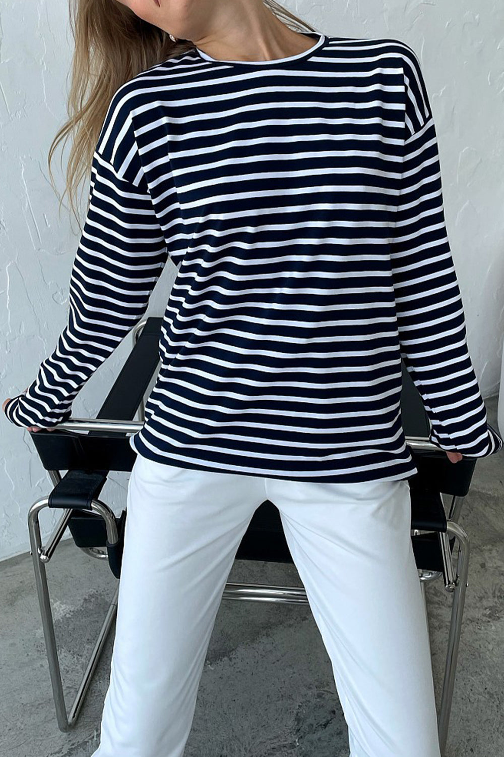 Round Neck Striped Dropped Shoulder T-Shirt BLUE ZONE PLANET