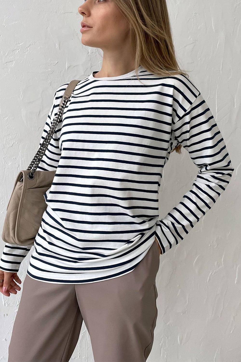 Round Neck Striped Dropped Shoulder T-Shirt BLUE ZONE PLANET