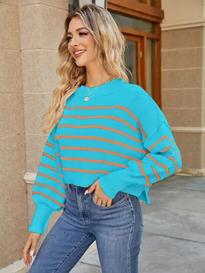 Round Neck Striped Lantern Sleeve Sweater BLUE ZONE PLANET