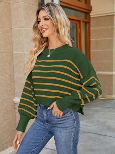 Round Neck Striped Lantern Sleeve Sweater BLUE ZONE PLANET