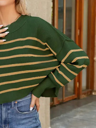 Round Neck Striped Lantern Sleeve Sweater BLUE ZONE PLANET