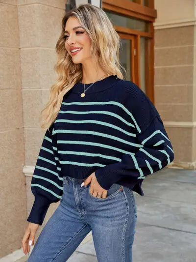 Round Neck Striped Lantern Sleeve Sweater BLUE ZONE PLANET