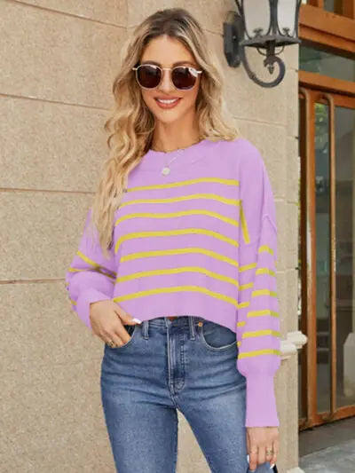 Round Neck Striped Lantern Sleeve Sweater BLUE ZONE PLANET