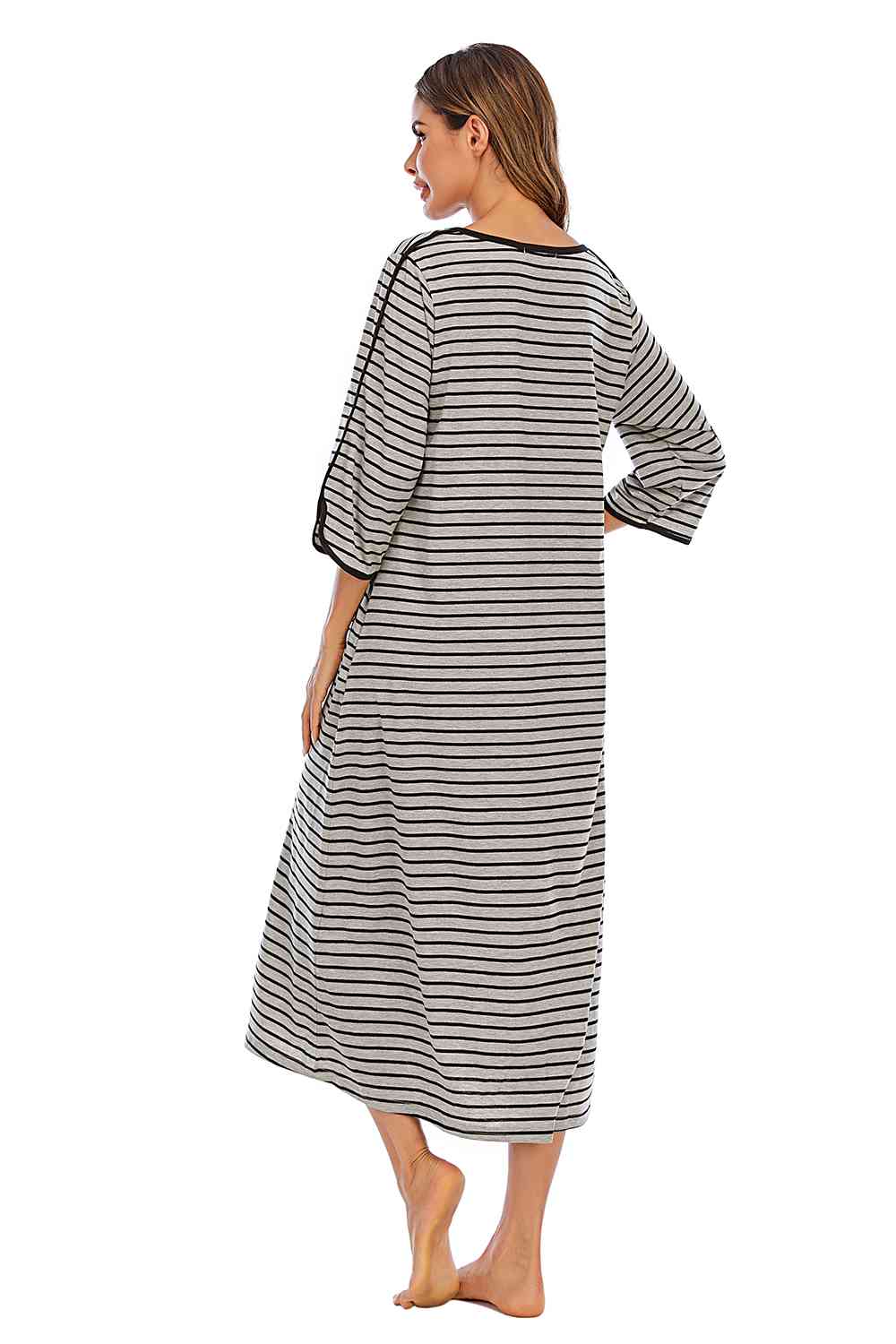 Round Neck Three-Quarter Sleeve Midi Night Dress BLUE ZONE PLANET